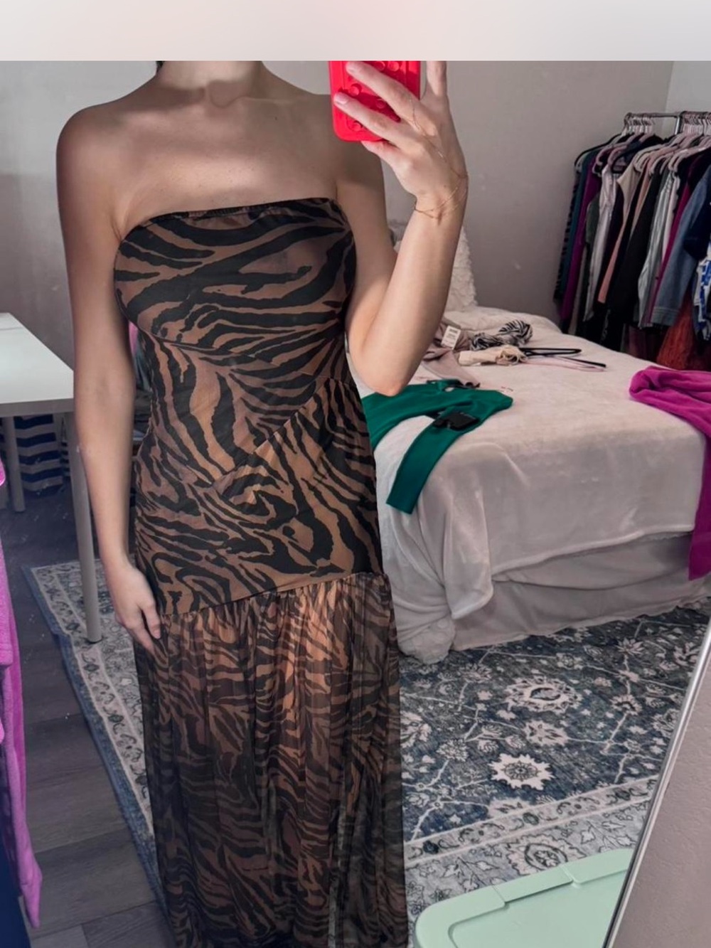 Strapless Brown Tiger-Print Mesh Maxi Dress